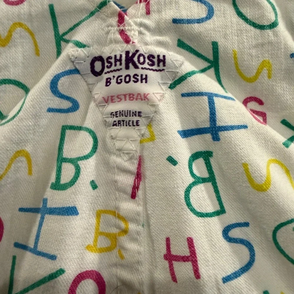 Vtg OshKosh B'gosh USA White Alphabet Print Corduroy Overalls‎ Vestbak 18 Mos